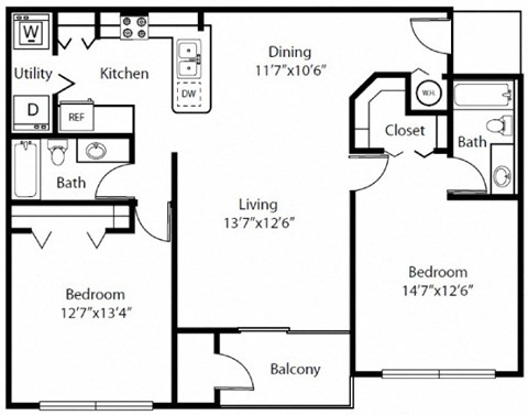 Floor plan for 2 beds, 2 baths, 1246 sqft